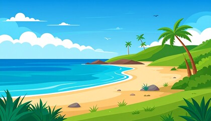 Obraz premium Tropical beach paradise with clear blue water, palm trees, and golden sand under sunny sky