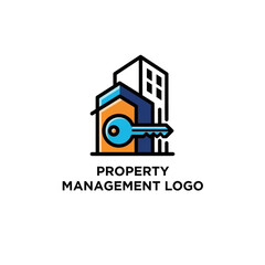 Property Management Logo Icon with Building and Key, Real Estate Business Concept Graphic
