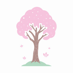 Illustration of a Blossom Tree with Delicate Pink Flowers and Green Base set against a Minimalist White Background with Subtle Pink Petals
