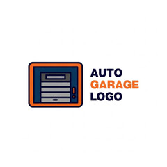 Simple flat design logo for auto garage, featuring a closed roll-up security shutter icon and text.