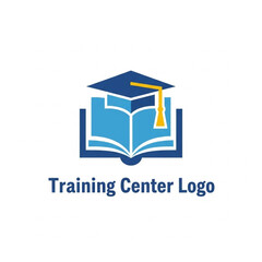 Blue and yellow graduation cap over an open book icon, a symbol for education, training center, and academic learning.