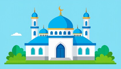 Fototapeta premium Modern white mosque with blue domes and golden crescent illustration vector design