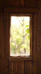 Fototapeta premium Rustic Wooden Window Frame Green Foliage View