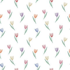 Spring watercolor seamless tulip floral pattern, spring tulips on transparent background, delicate botanical illustration