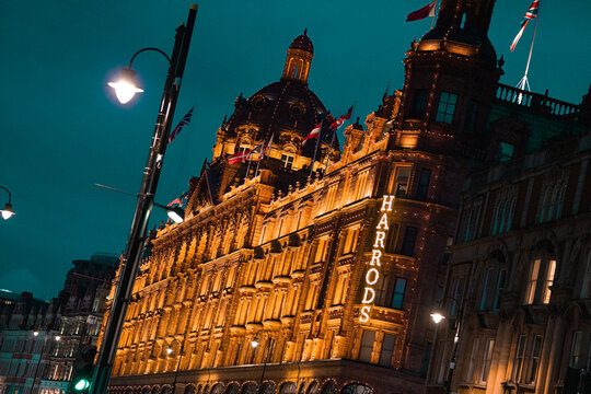 Harrods UK, British Luxury Department Store Exterior Night View, Knightsbridge, West London, England, February 2026