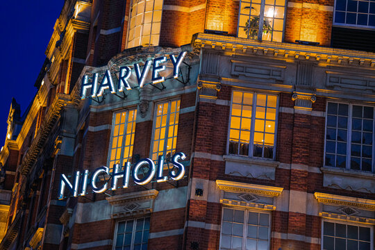 Harvey Nichols British Luxury Flagship Department Store Chain Logo Sign, Brompton Road, Knightsbridge, London, United Kingdom - February 2026