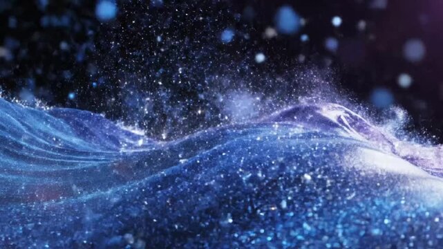Waves of color mix and flow in a digital art display created with vibrant particles at night