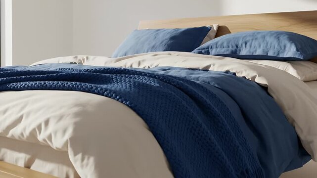A neatly made bed with white sheets and blue pillows under soft sunlight in a minimalist bedroom