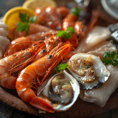 Fresh Seafood Platter with Shrimp, Oysters, Mussels and Whole Fish on Ice