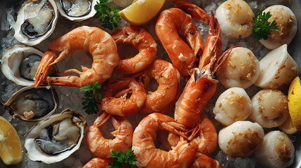 Fresh Seafood Platter with Shrimp, Oysters, Mussels and Whole Fish on Ice