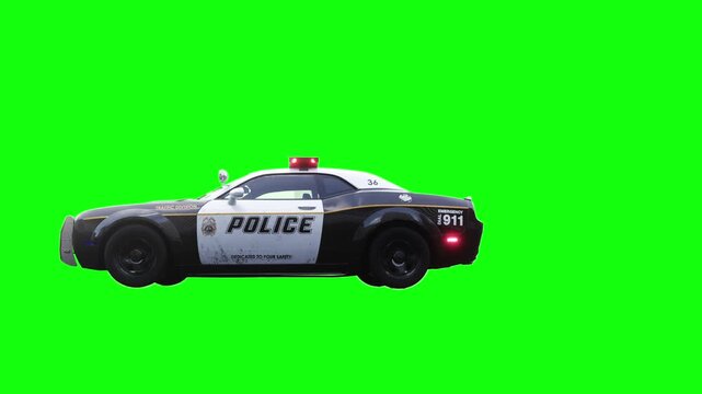 An police driving fast. realistic dynamic reflections on the car body. realistic flashing lights. 4K green screen isolate.