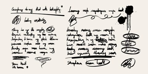 Handwritten scribble text set with expressive notes, underlines, corrections and freehand writing elements. Minimal black calligraphy vector illustration. © Iana