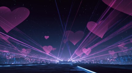 Abstract illustration of floating hearts over a cityscape at night with light beams