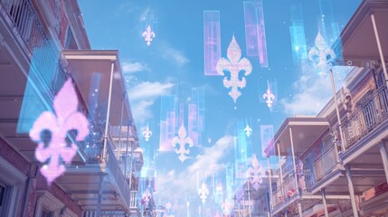 Abstract illustration of fleur de lis symbols overlayed on building exteriors