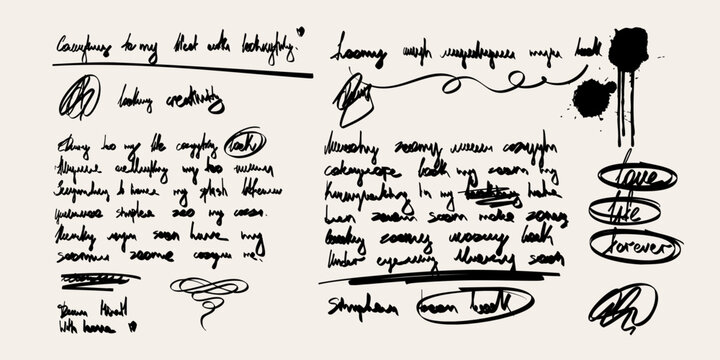 Handwritten scribble text set with expressive notes, underlines, corrections and freehand writing elements. Minimal black calligraphy vector illustration.