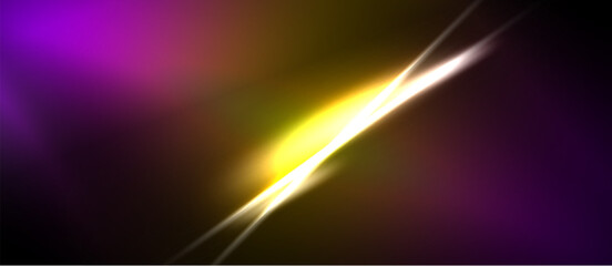 Naklejka premium Abstract background features vibrant purple, gold hues. Diagonal light streaks create dynamic energy, contrasting dark areas.
