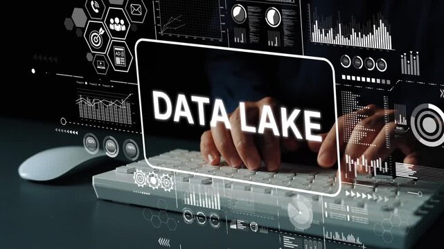 Modern data lake concept with hands on keyboard and digital graphs on dark background illustrating data analytics and storage solutions. Asymptotic smart data analytic.