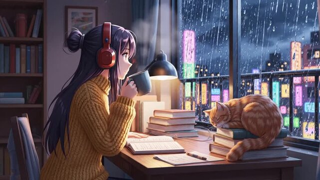 Cozy indoor setting with a girl studying and a cat resting by the window on a rainy evening