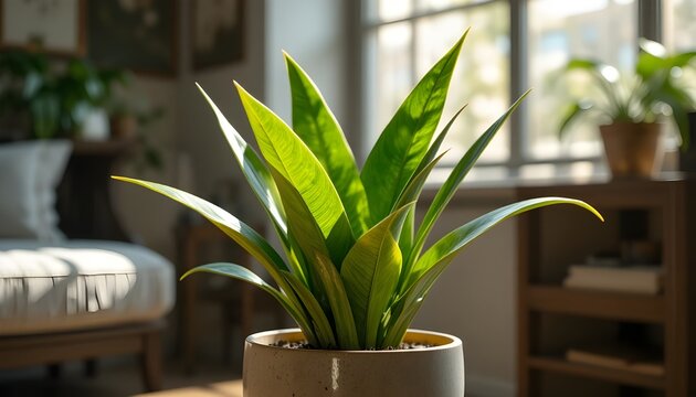  "Healthy Snake Plant (Sansevieria) in a stylish ceramic pot, upright vibrant green leaves with subtle variegation, soft natural sunlight illuminating the plant, realistic textures of leaves, cozy ind