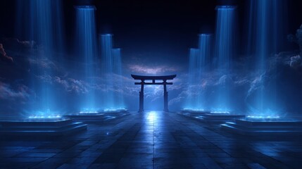 Abstract illustration of a japanese torii gate with blue light beams