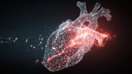 Abstract illustration of a human heart with glowing particles on dark background