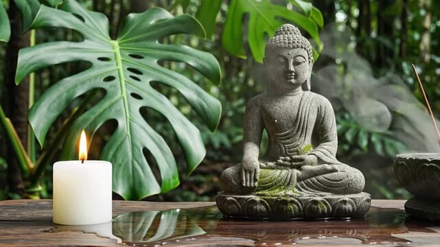 Buddha statue surrounded by plants and candle with incense in a natural setting