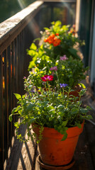 Sunlit Balcony Garden with Lush Potted Plants in Golden Hour