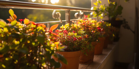 Sunlit Balcony Garden with Lush Potted Plants in Golden Hour