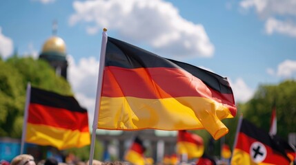 German National Day celebration with a crowded street festival and people waving German flags. Patriotic atmosphere, unity and national pride on Tag der Deutschen Einheit