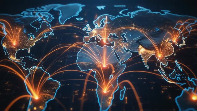 Abstract data visualization over world map, shipping routes glowing, digital trade networks
