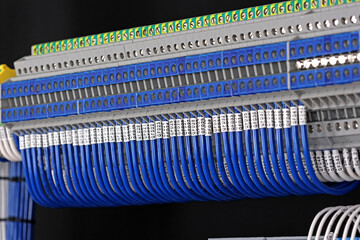 Electrical terminals with connected insulated wires with metal lugs. It is installed on a metal mounting rod in the electrical panel. 