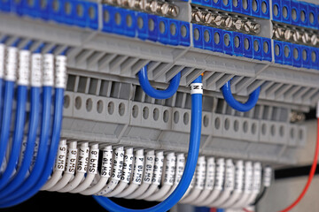 Electrical terminals with connected insulated wires with metal lugs. It is installed on a metal mounting rod in the electrical panel. 