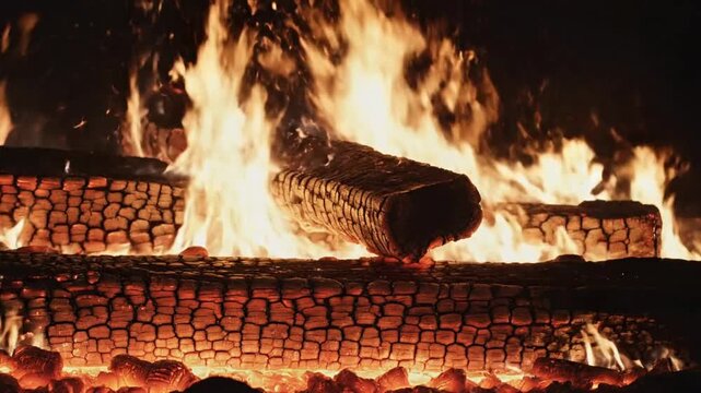 Fire burns brightly as logs crackle and glow in the night