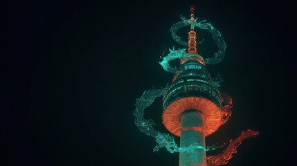 Abstract illustration of a tall tower with dynamic neon colored effects in the night