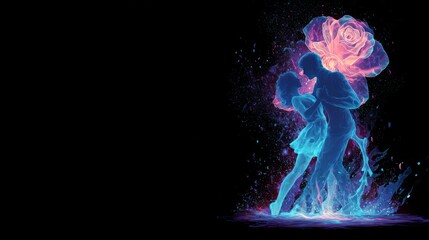 Abstract illustration of dancing couple and a giant rose in a dark background