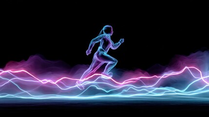 Abstract illustration of a runner silhouette with energetic glowing lines over black backdrop