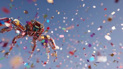 Abstract insect with floating confetti against a blue sky conceptual illustration