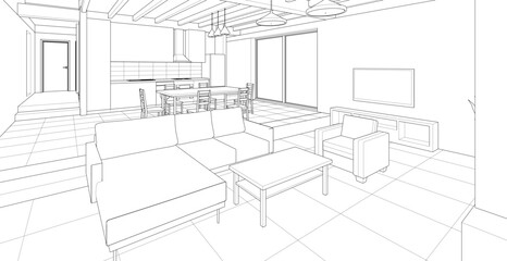 Fototapeta premium housing interior kitchen living room 3d illustration
