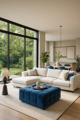 Elegant and bright living room interior with a large window offering a view of lush greenery. Features a comfortable white sofa, blue ottoman, and open floor plan.