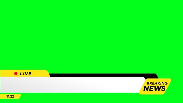 Breaking news lower third overlay animation. Yellow and white broadcast television graphic overlay with live badge. Journalism and media concept template. Transparent background, alpha channel, 60fps