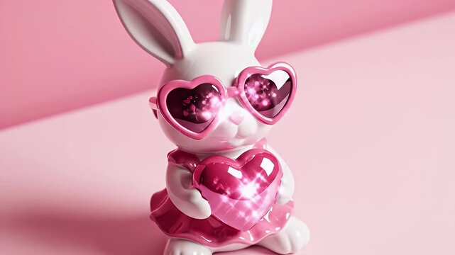 Adorable White Bunny Plush Figure Wearing Pink Heart Sunglasses on Soft Pink Backdrop