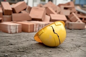 Cracked safety helmet on construction site ground. Workplace accident