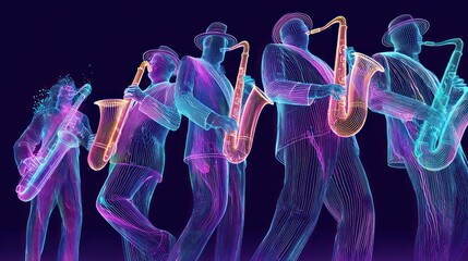 Abstract illustration of a saxophone band performing with glowing neon outlines