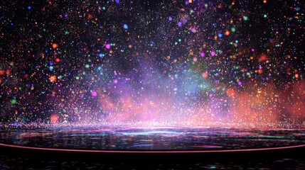 Abstract illustration of colorful particles over a dark stage background