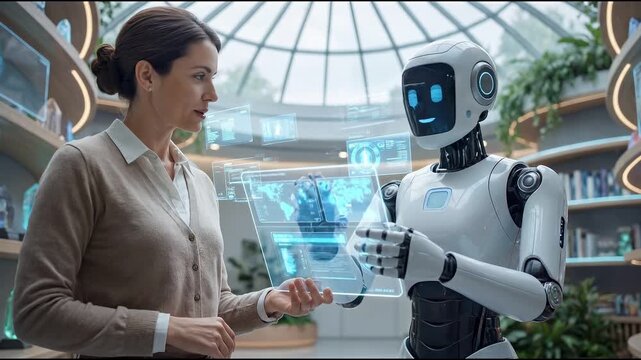A woman interacts with a futuristic robot, exploring interactive technology with futuristic interface. The scene is set indoors, depicting cutting-edge technology and human interaction