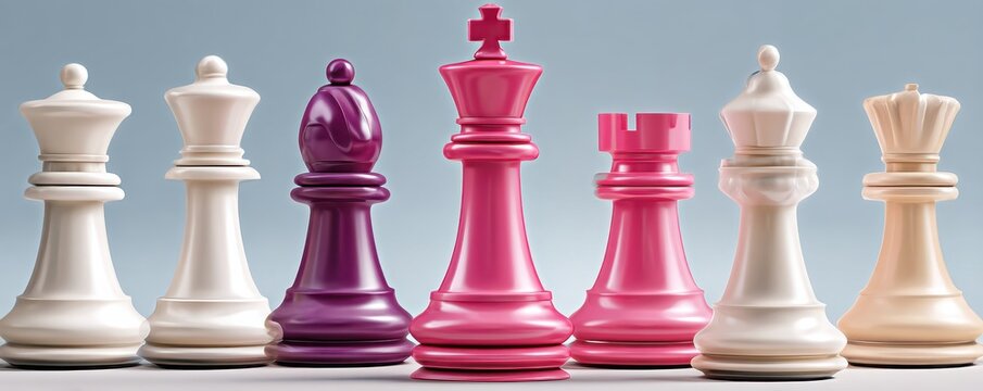 Colorful chess lineup with pink queen standing out among white pieces on a chessboard