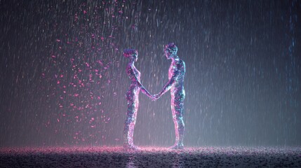 Abstract illustration of two figures holding hands in rain