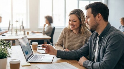 Successful business team working on laptop in modern office, smiling colleagues discussing financial data, professional cooperation and mentorship concept