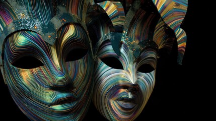 Abstract illustration of two colorful carnival masks with flowing line patterns against a dark background