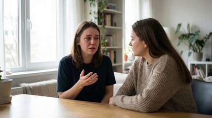 Young woman crying and sharing problems with friend at home, emotional support and empathy concept, female friendship and mental health talking